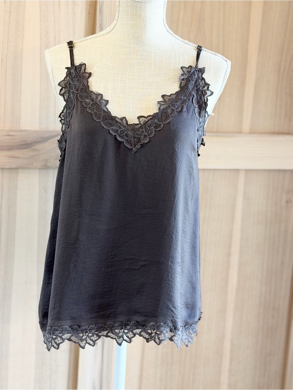 Entro Charcoal V-Neck Gray Lace Trim | Silk Camisole. Women’s Sz-S. Layering